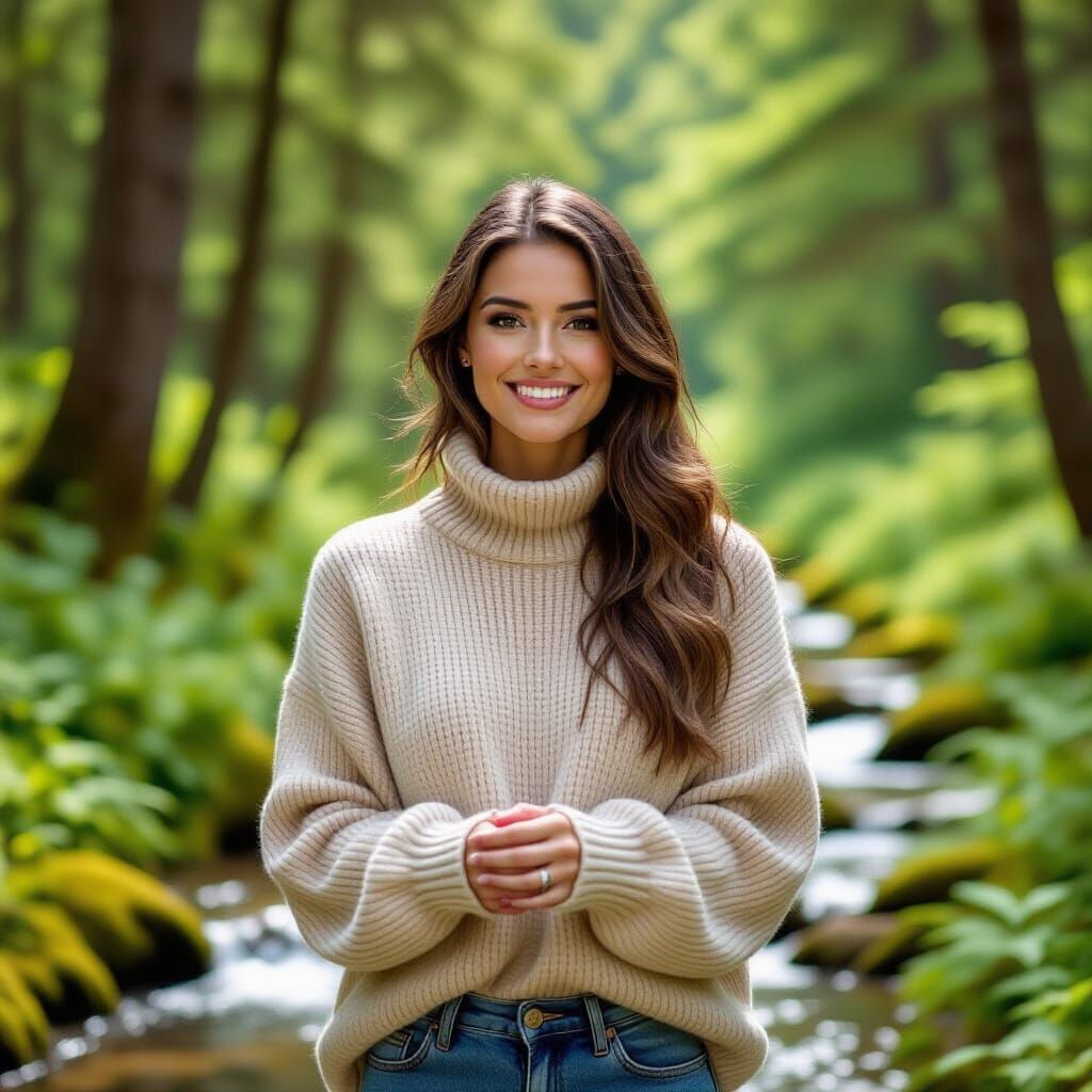 Serene Woman in Lush Forest, Gentle Stream Background