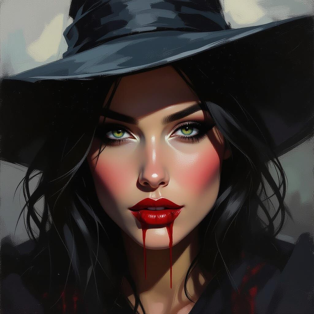 Misty Oil Painting of a Witch's Blood-Stained Face