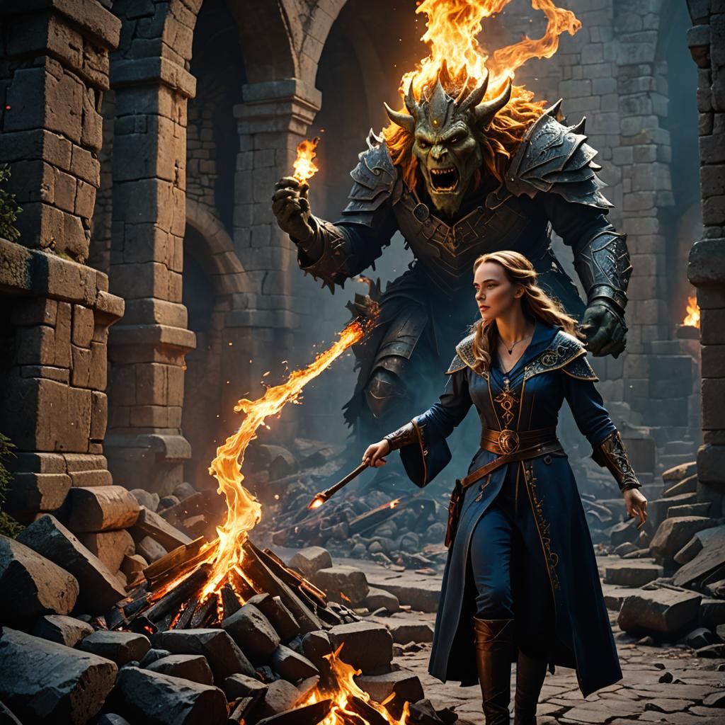 Sorceress Battles Ogre with Fire Magic in Ruins