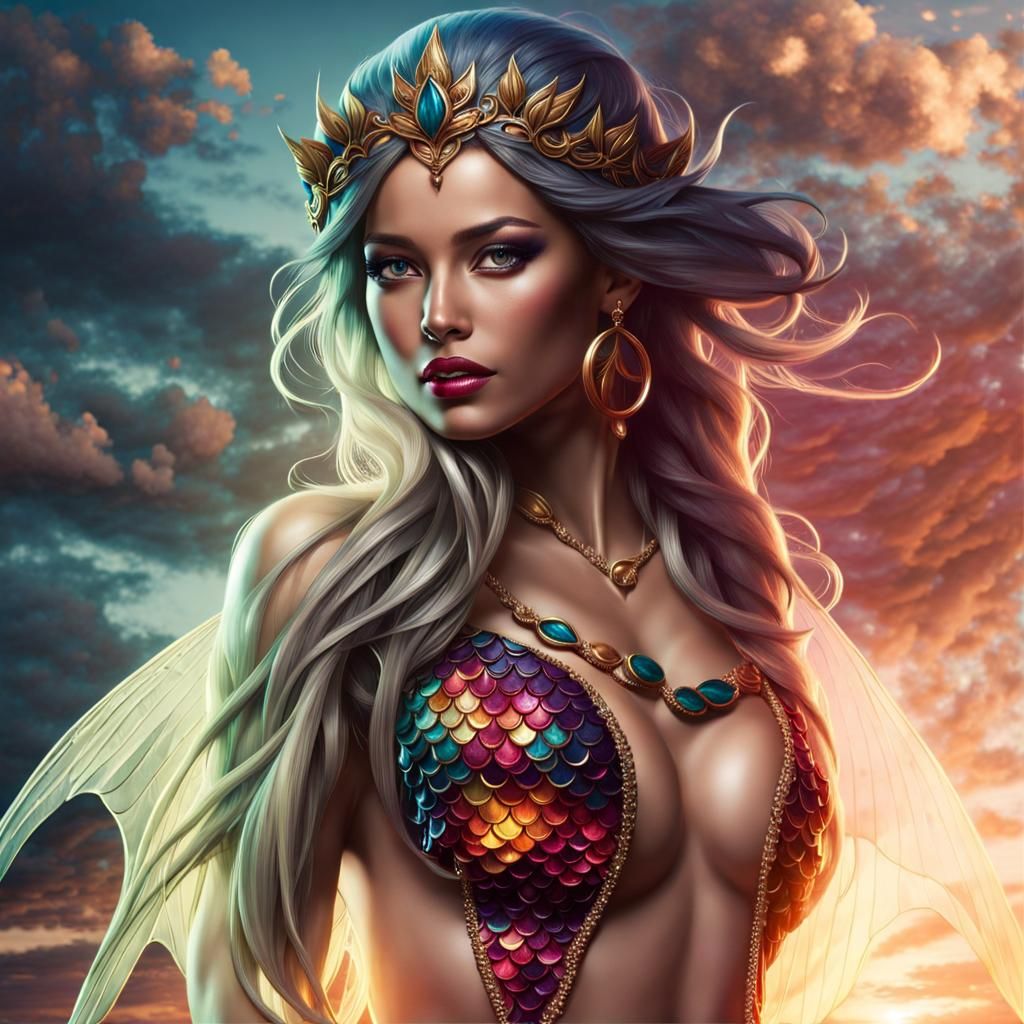 Fierce Jeweled Mermaid in Epic Fantasy Style