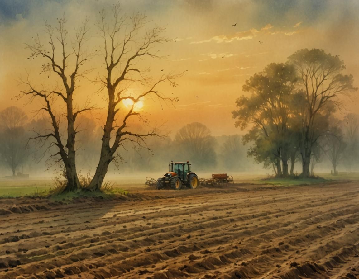 Foggy Morning: Tractor in Field, Watercolor Landscape