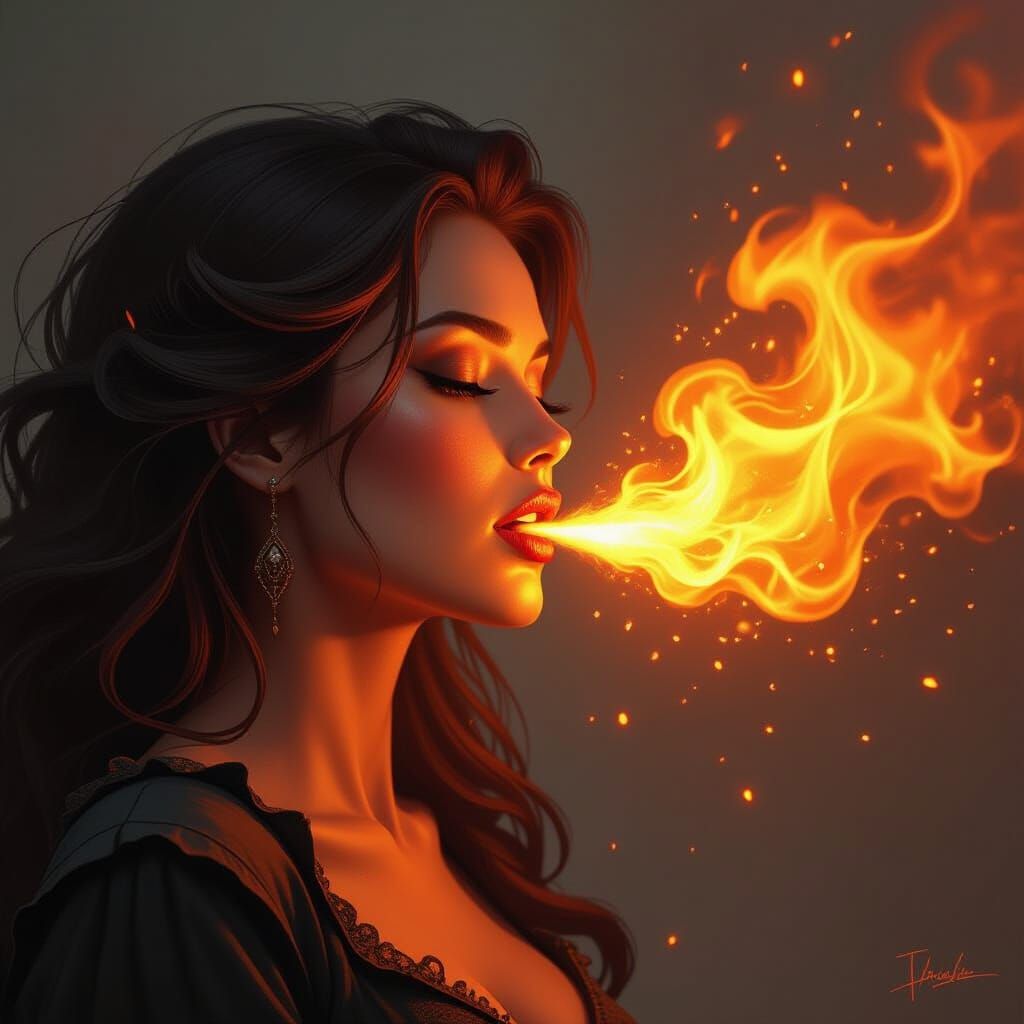 Woman Breathes Fiery Plume in Fantasy Art Style
