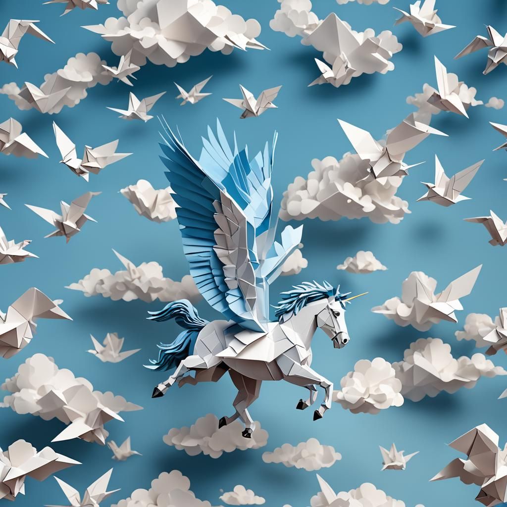Origami Pegasus Soaring in a Blue Sky