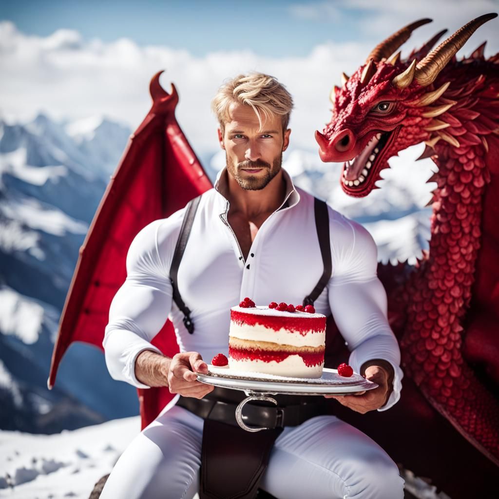 Warrior Rides Dragon with Cake in Snowy Alps