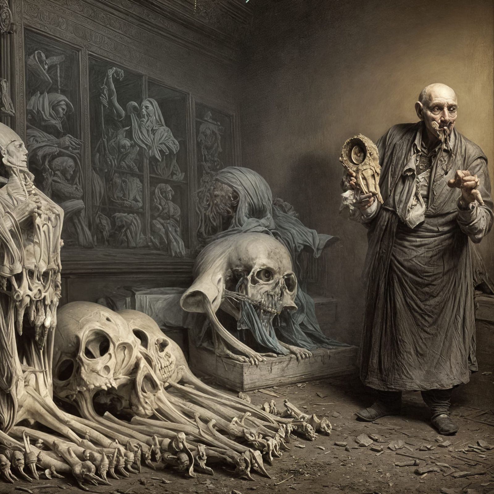 Old shopkeeper showing off his bone collection VI