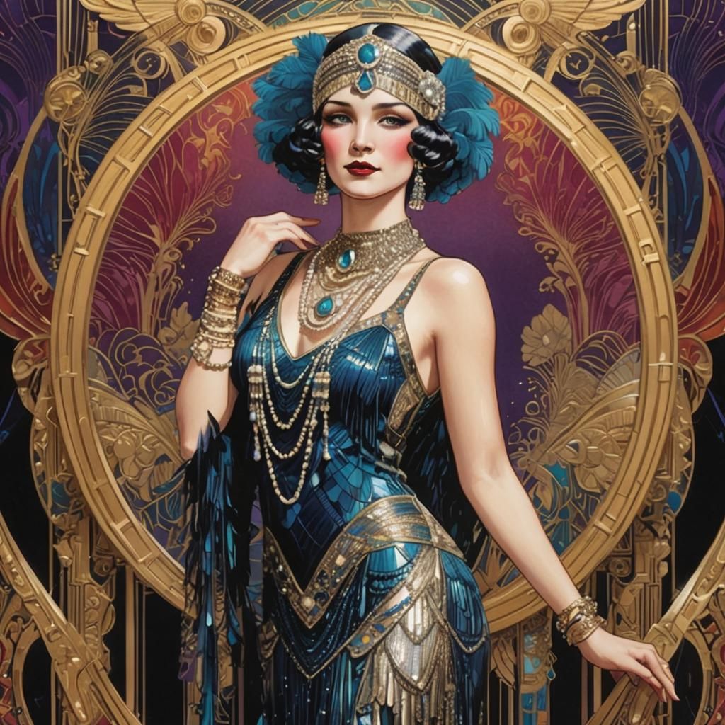 Glamorous Art Deco Flapper Portrait with Jewel Accents