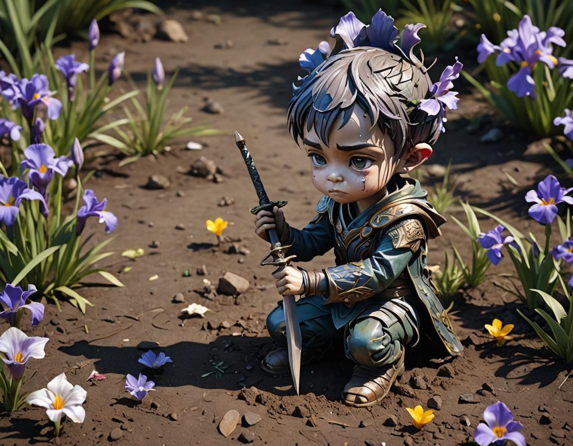 Sorrowful Iris Flower Character in 3D Digital Art