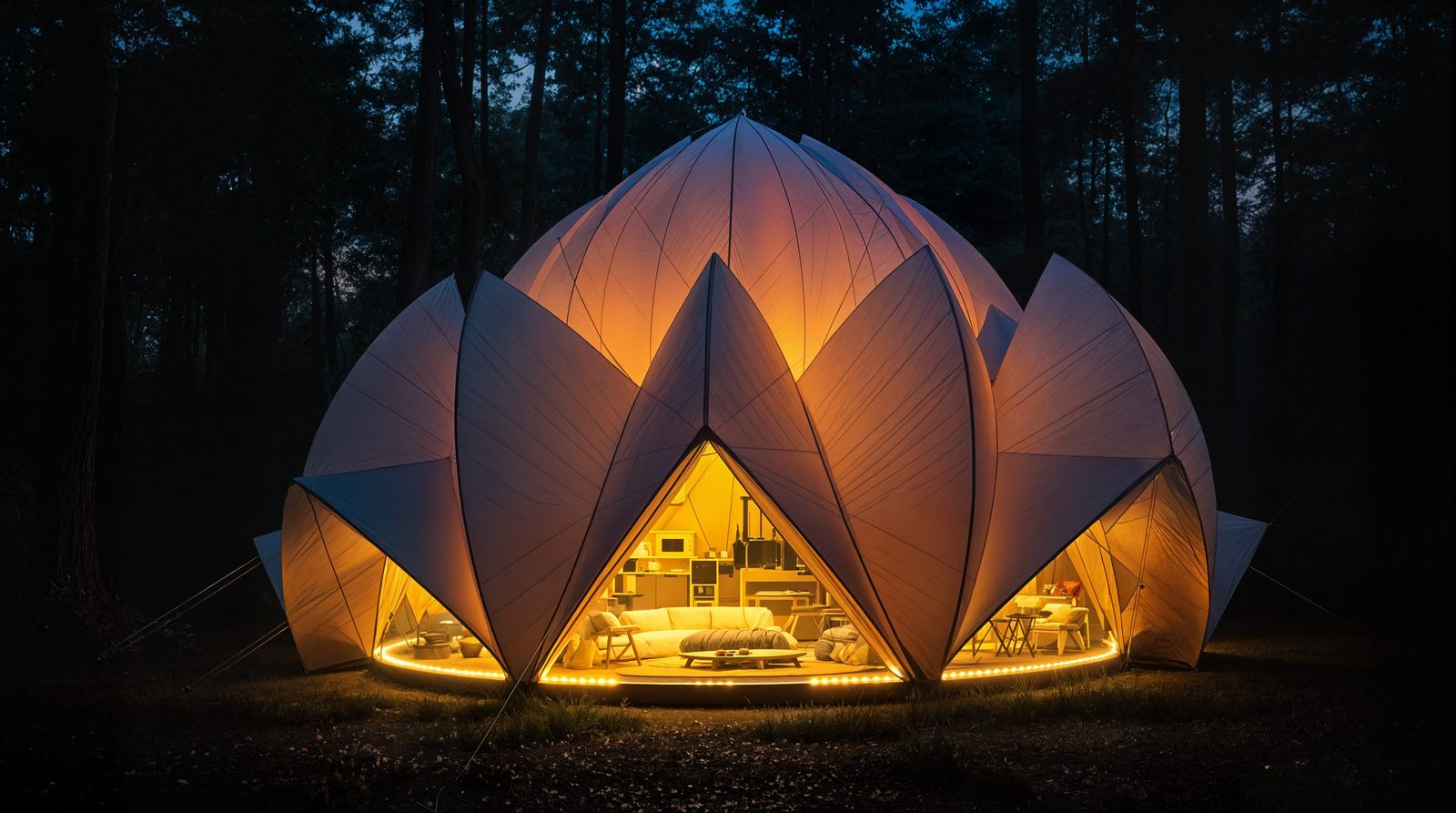 Elegant Lotus-Flower Tent Illuminated in Dark Forest