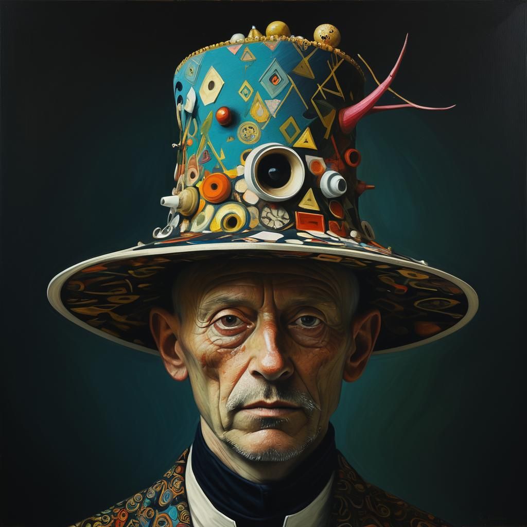 Simpleton in Bizarre Hat: Fantasy Oil Painting