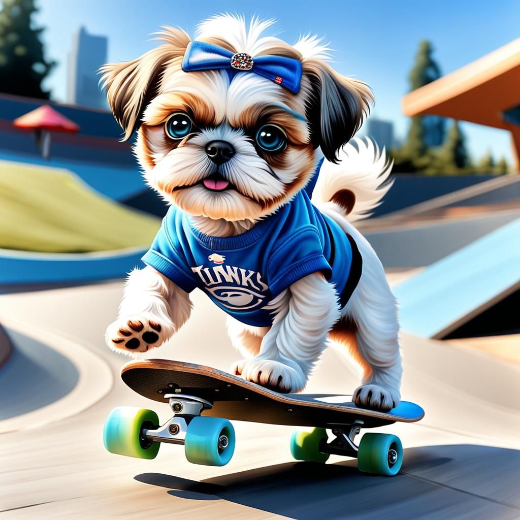 Shih Tzu Puppy Does Skateboard Wheelie, Digital Painting