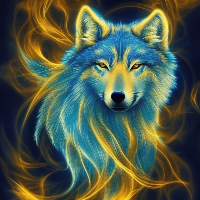 Translucent Blue Wolf Spirit Emerges from Golden Lamp