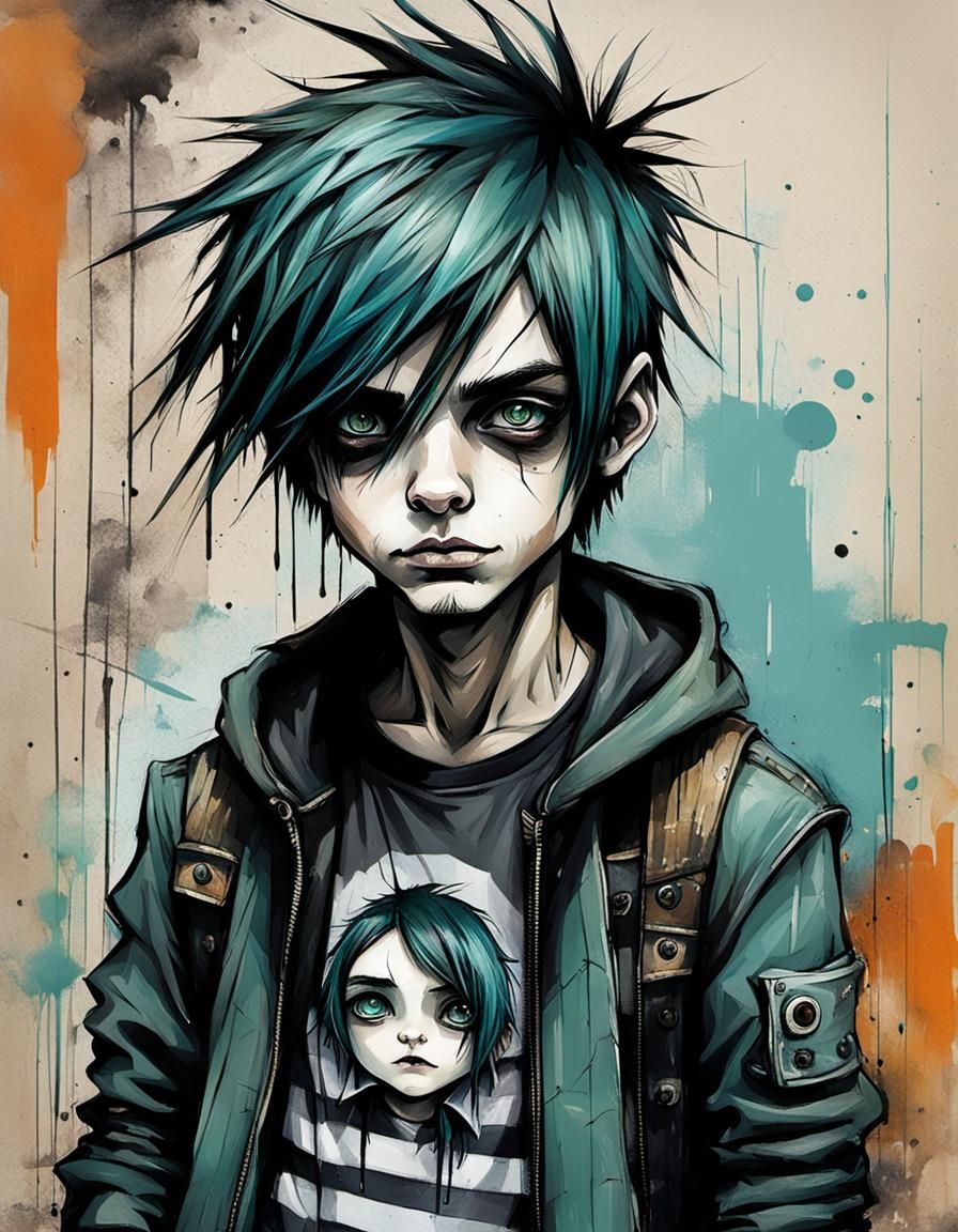 Goth Punk Boy in Cityscape by Alice Pasquini