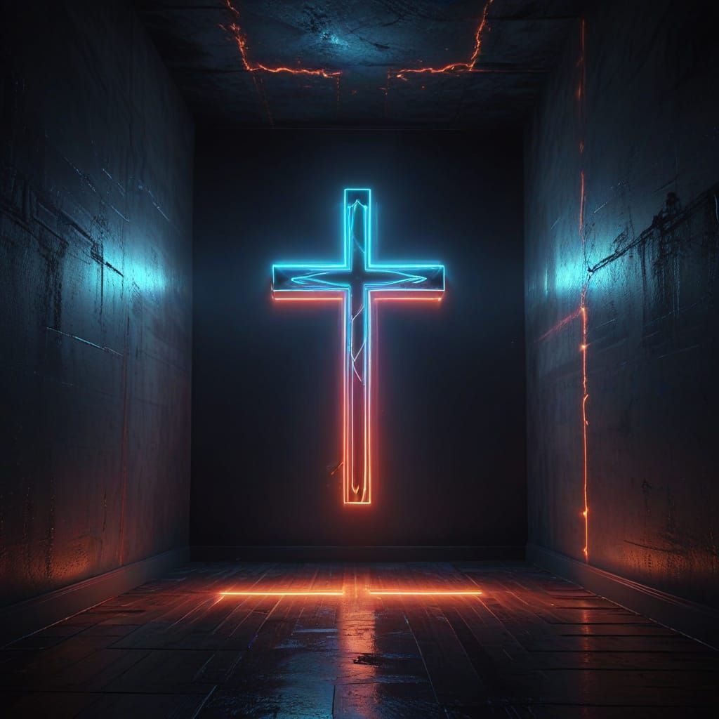 Radiant Neon Christian Cross in Digital Art Style