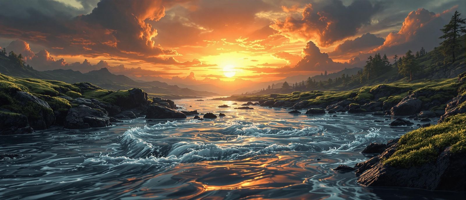 Surreal Sunset Landscape with Swirling Waves and Eerie Moss