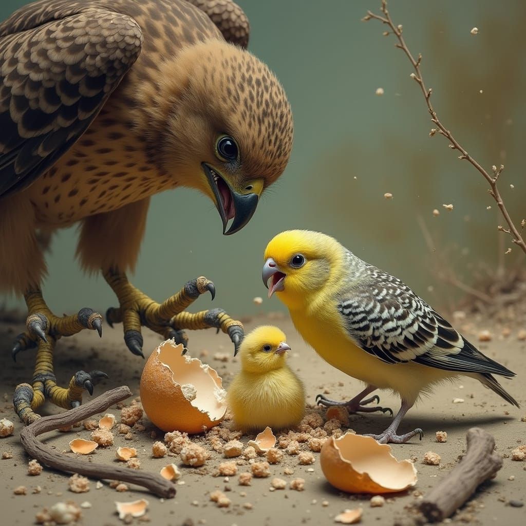 Budgerigar Defends Chick From Hawk in Wildlife Art