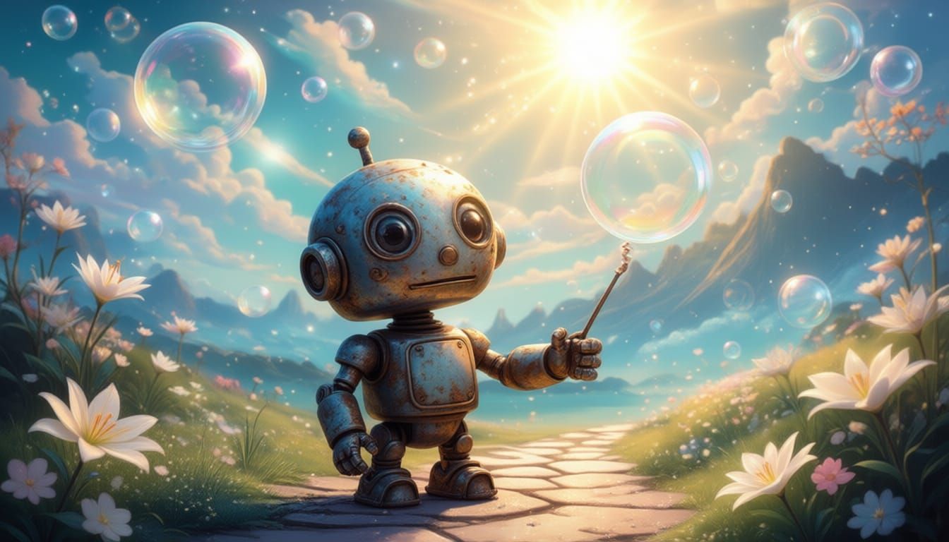 Whimsical Robot Among Bubbles and Lilies