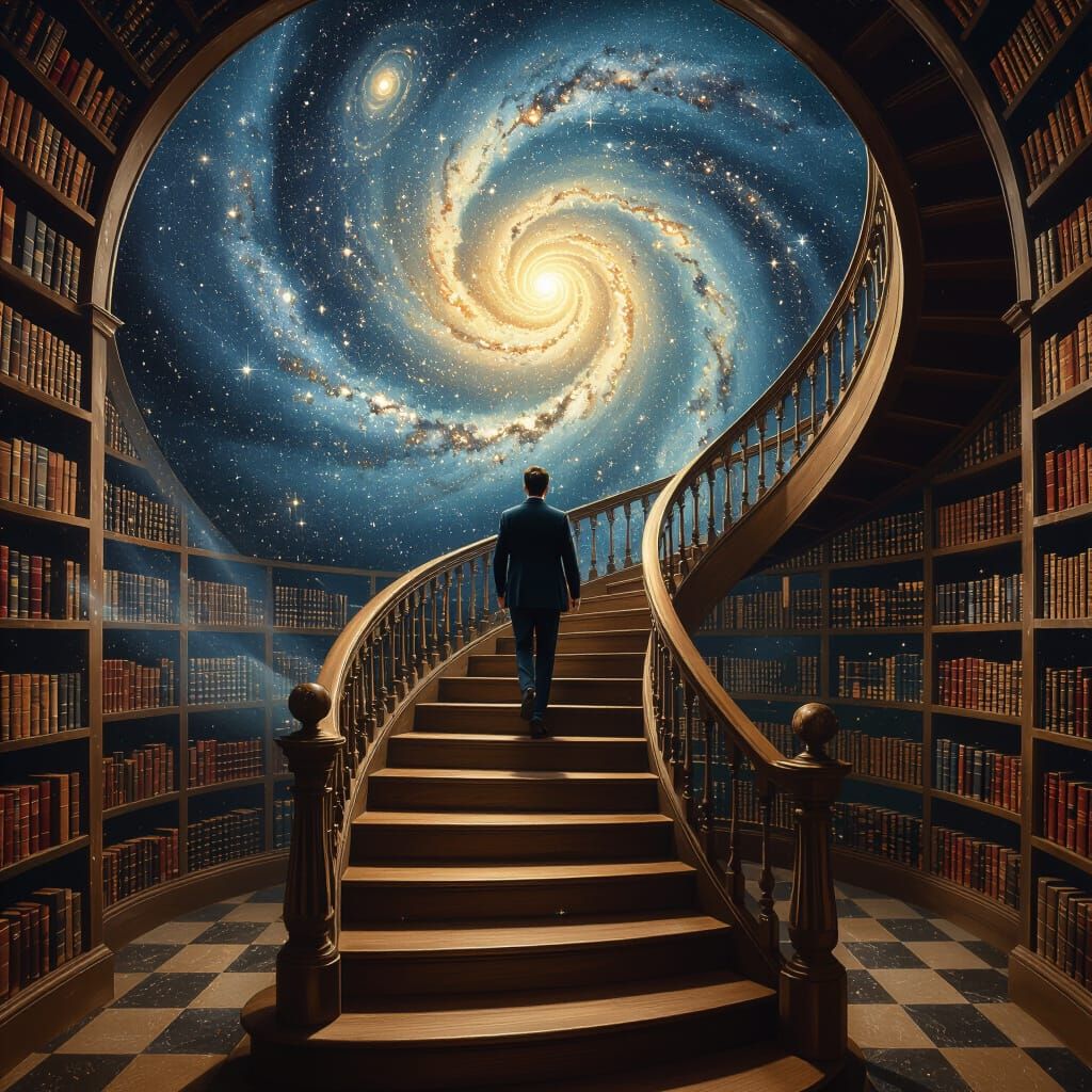 Celestial Library with Staircase to Another World