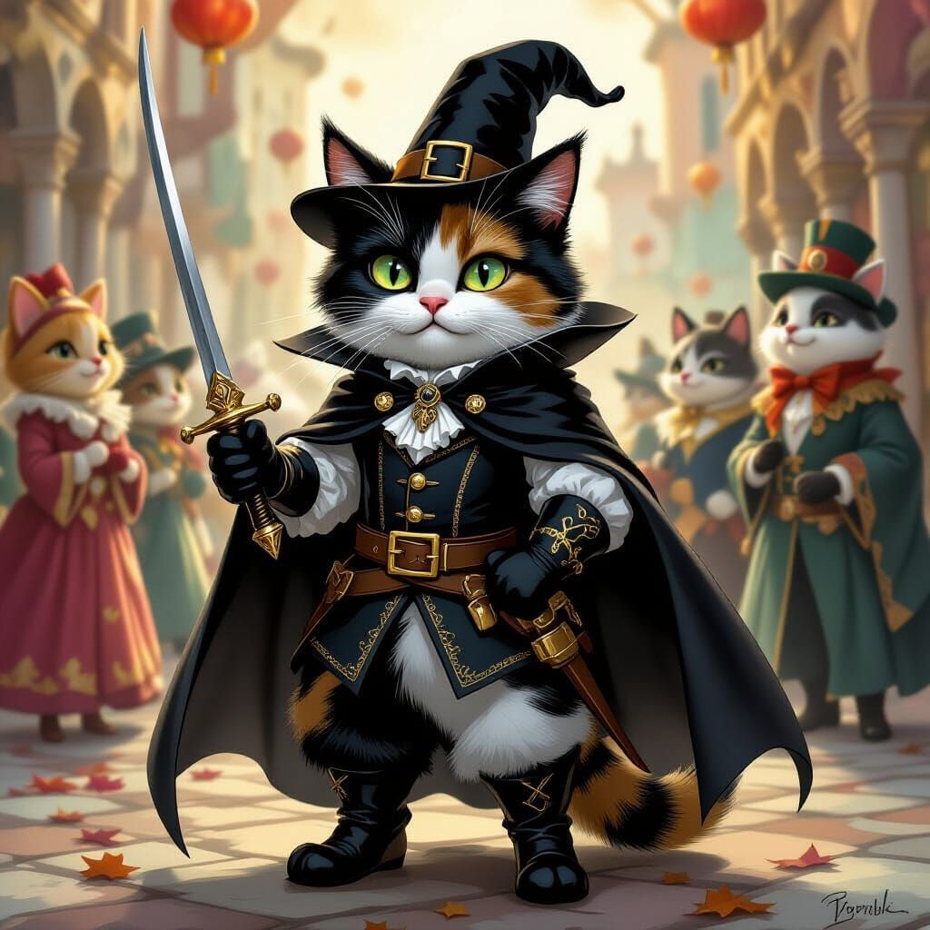 Angry Puss in Boots Calico Cat in Venetian Carnival