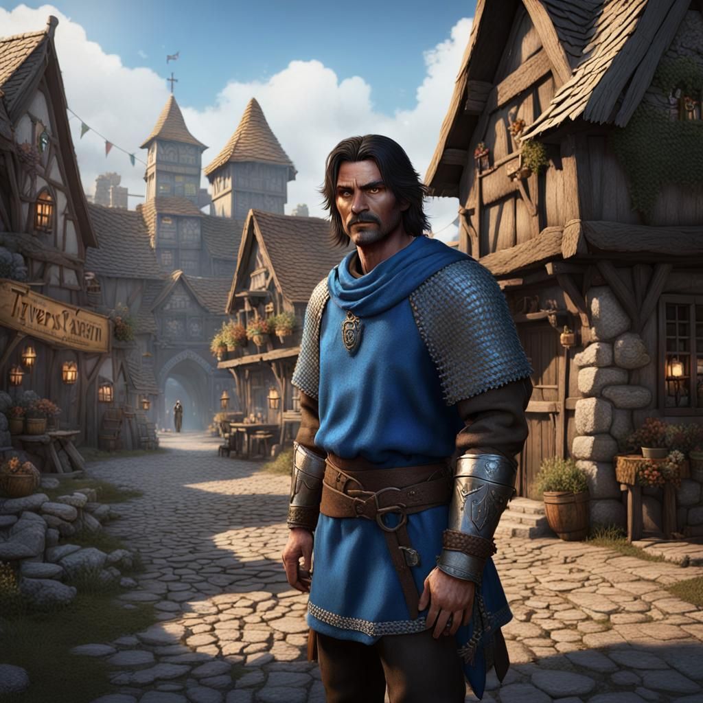Man in Chainmail in Village: Fantasy Concept Art