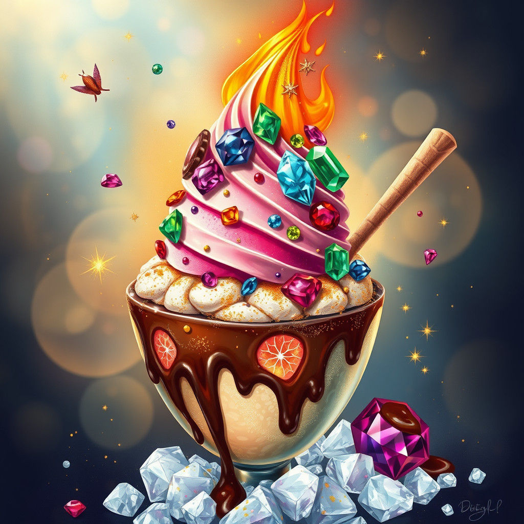 Fire Ice Cream Sundae with Gems in Pop Surrealism Style