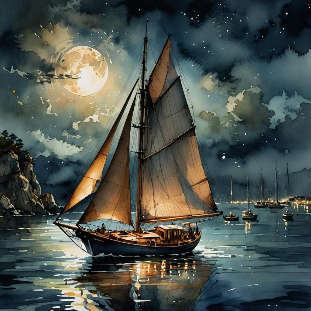 Moonlit Sailboat: Digital Watercolor Illustration