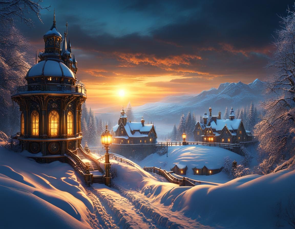 Steampunk Winter Landscape at Golden Hour