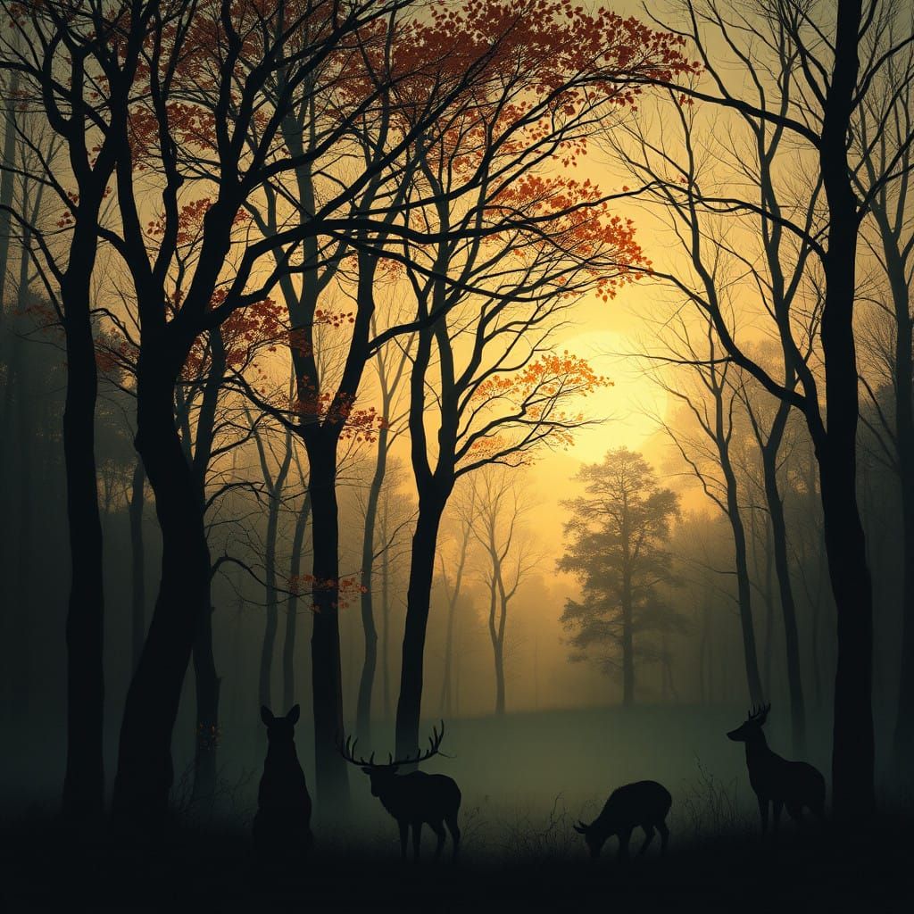 Mystical Forest Animals at Dusk: Impressionist Style