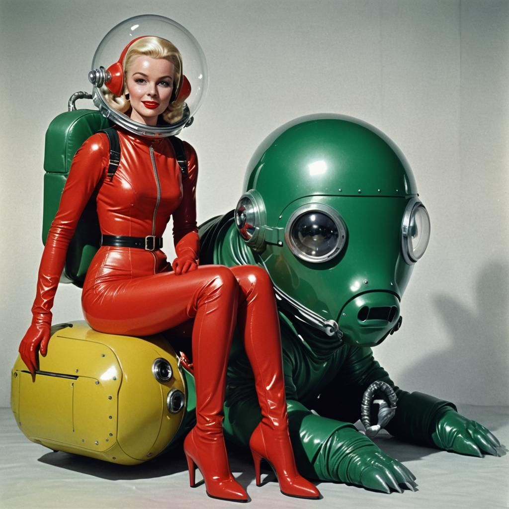 Retro Sci-Fi Blonde Riding a Green Creature