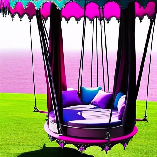 Magenta pink Gothic Round Swing Bed with Pergola Roof and Planters& gothic vibes& ethereal vibes& magical vibes& dark fa...