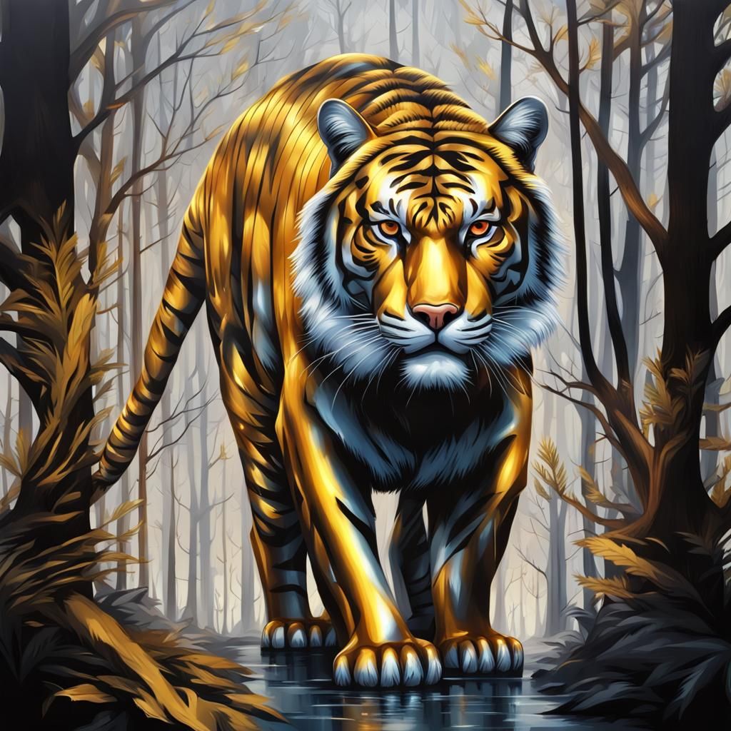 Golden Tiger in Silver Metal Forest
