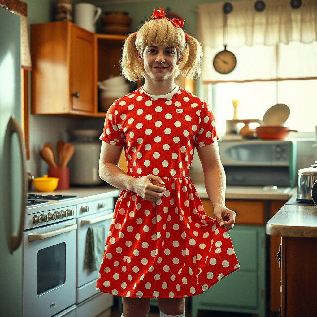 Vibrant 1950s-Inspired Fashion in a Cozy Kitchen