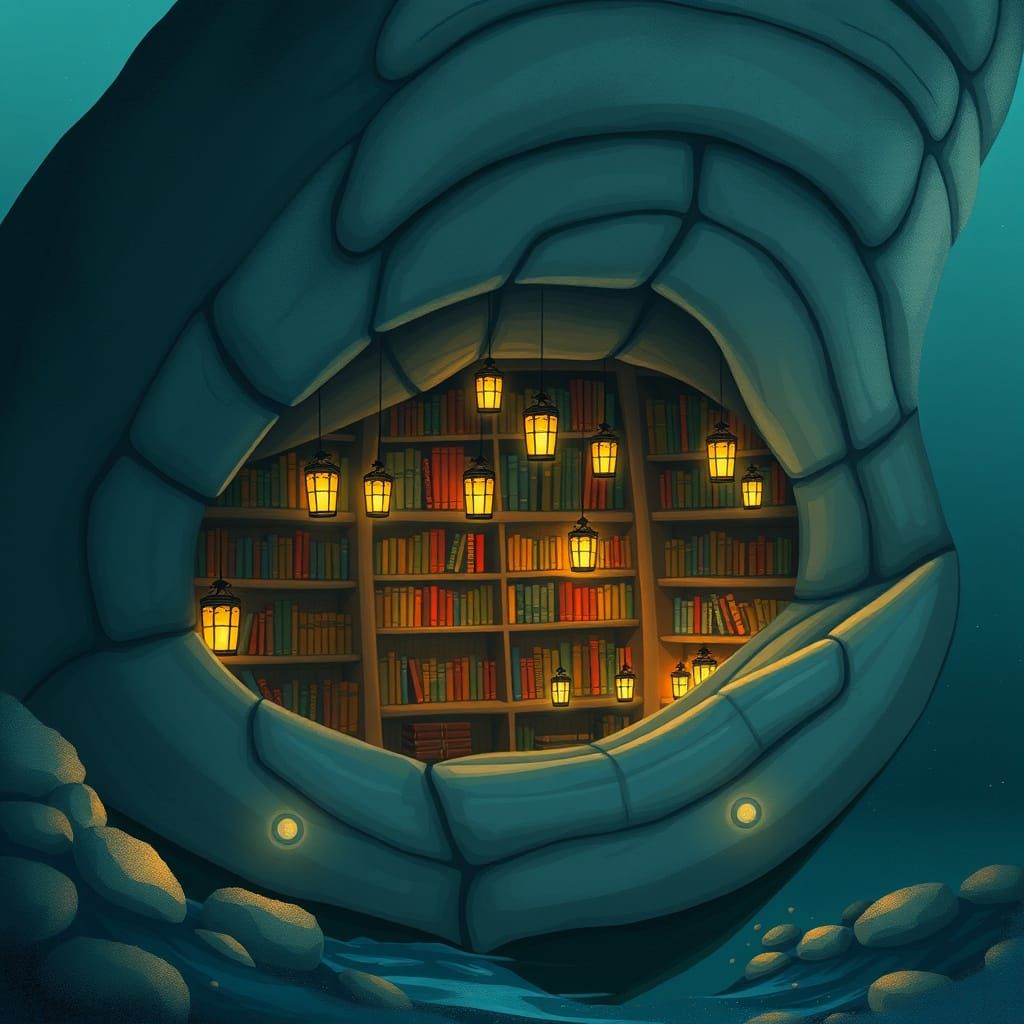 Whimsical Whale Library with Floating Lanterns