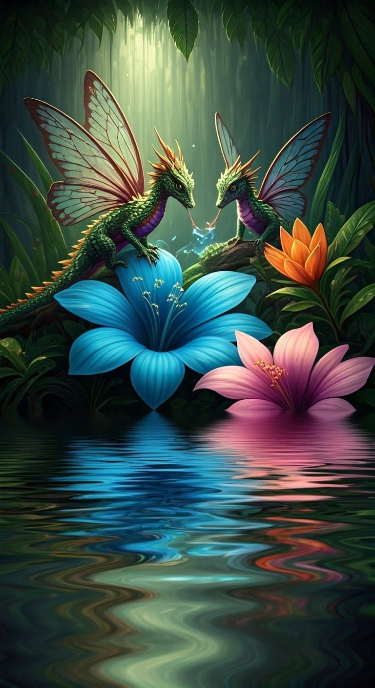 Vibrant, Dreamlike Dragon Creatures Amidst Tropical Flowers