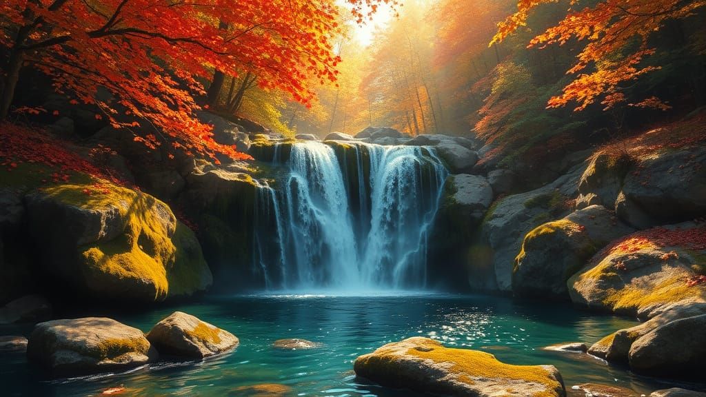 Majestic Autumn Waterfall in Painterly Landscape Style