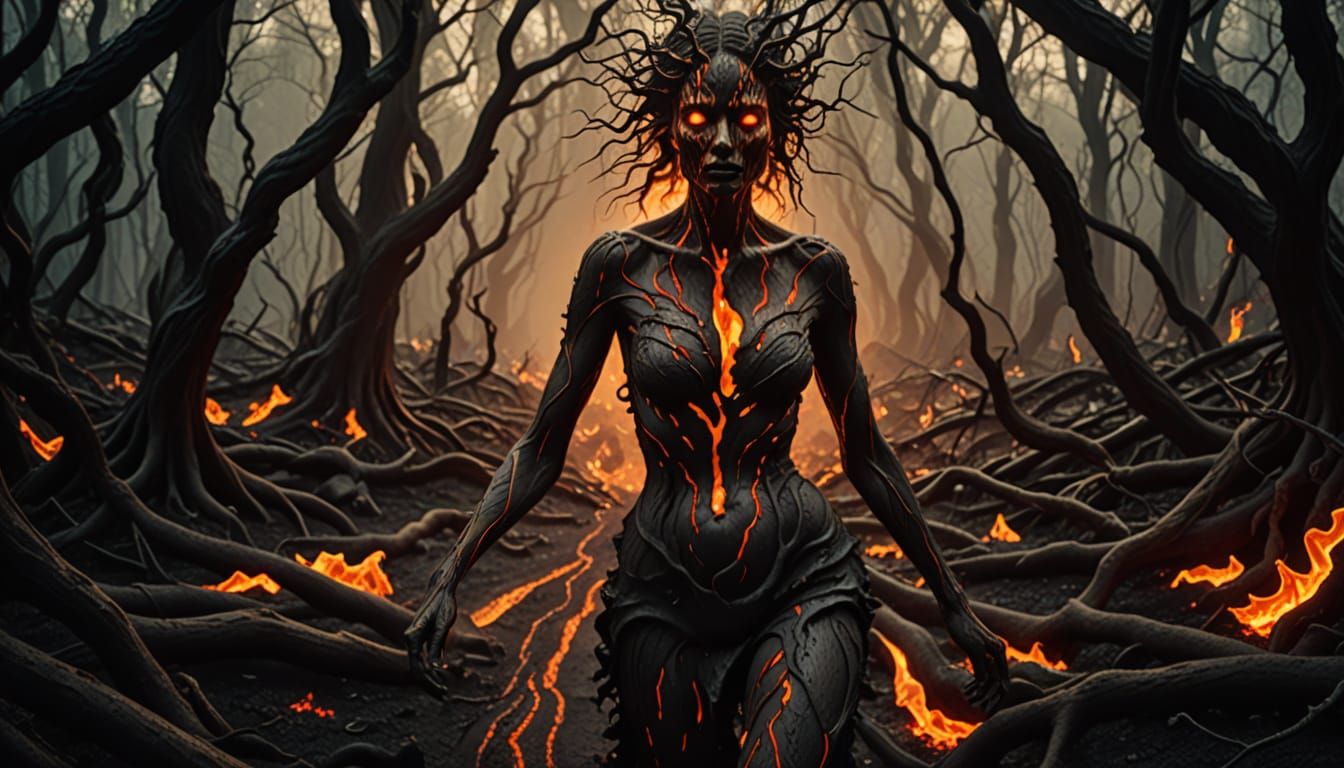 Surreal Forest Scene with Lava Woman in Vibrant, Expressive ...