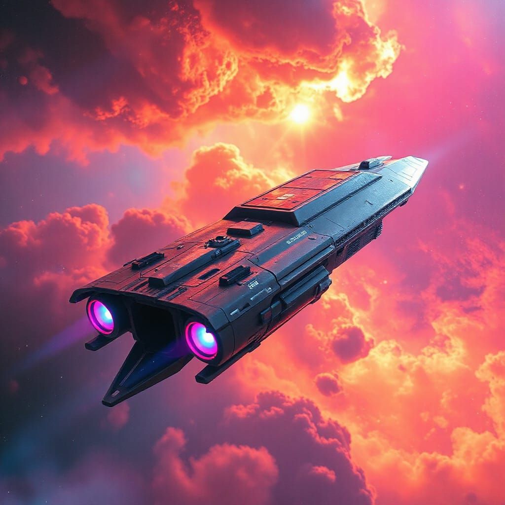 Futuristic Spaceship Soaring Through Nebula: Retrofuturistic...
