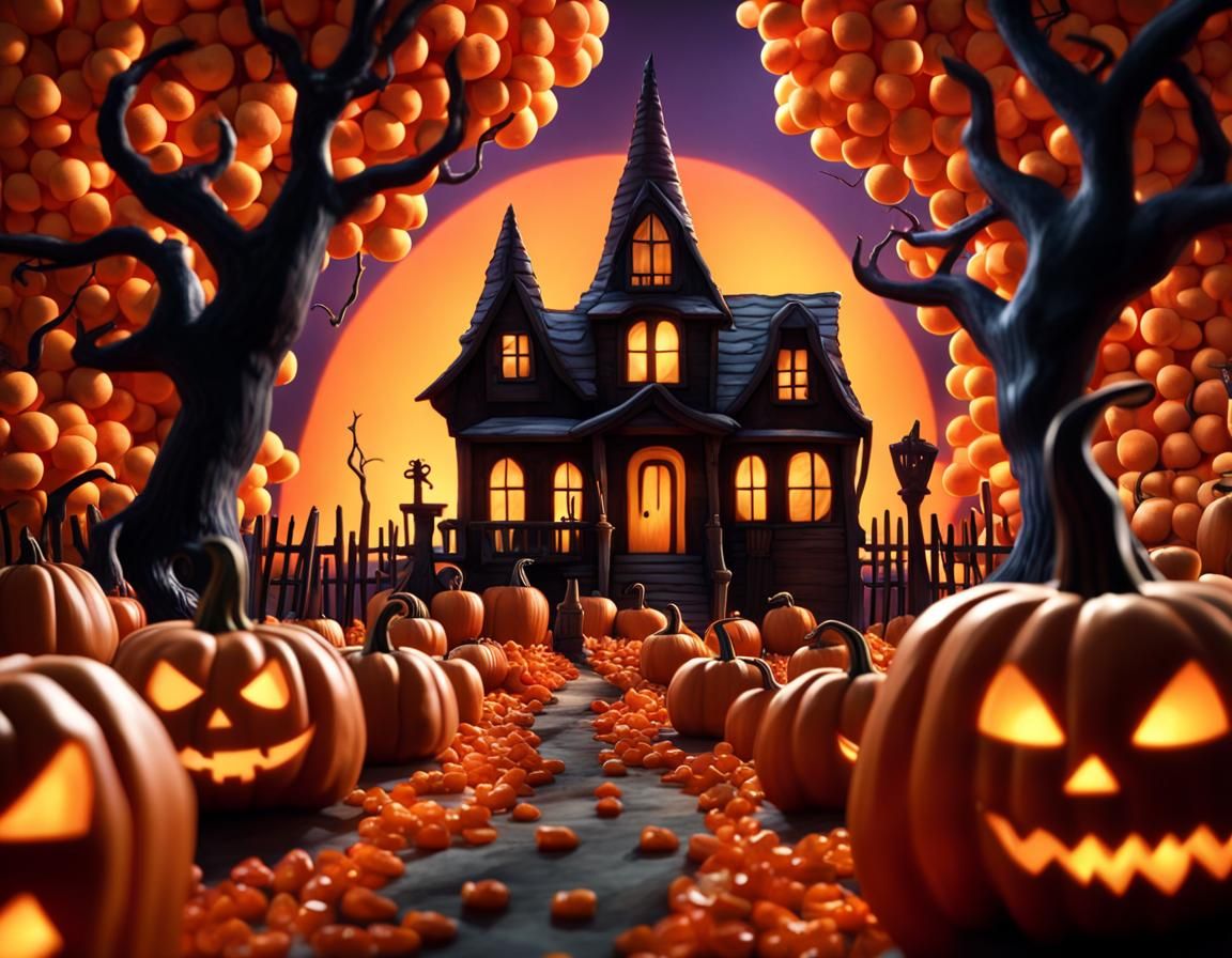 16k resolution, art by Tim Burton, Henry Selick, Laika Studios, Halloween candy realm, stop-motion texture, eerie candy ...