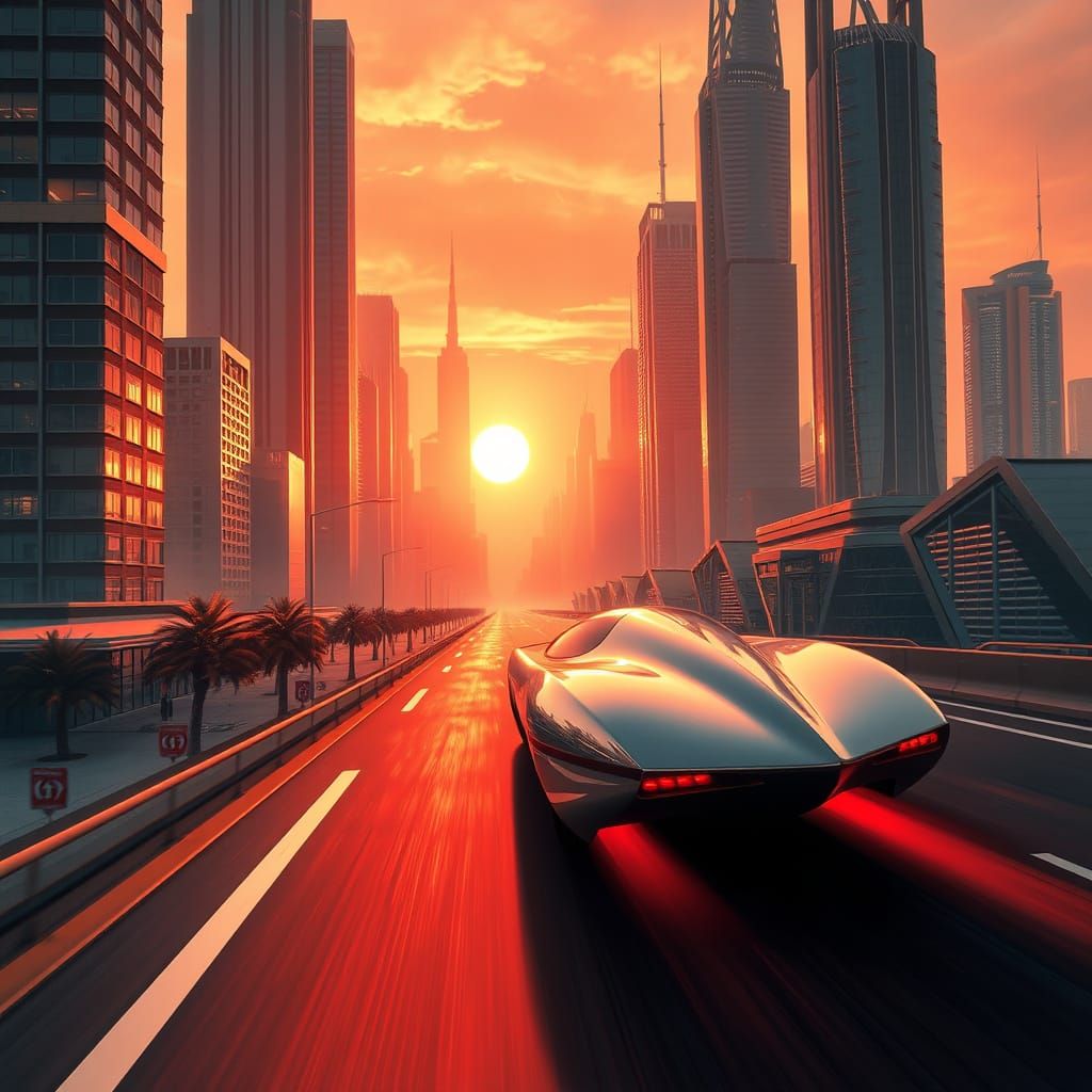 Sleek Silver Bullet-Shaped Car in Futuristic Cityscape at Go...
