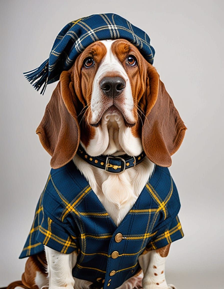 Proud Basset Hound as Highland Scotsman in Tartan Outfit