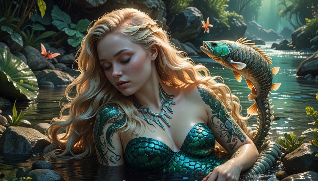 Fat Mermaid Combing Hair With Fish Skeleton