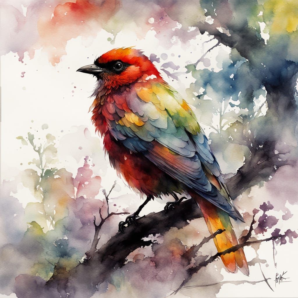Bird in Rainbow Tree: A Whimsical Yoji Shinkawa-Inspired Mas...