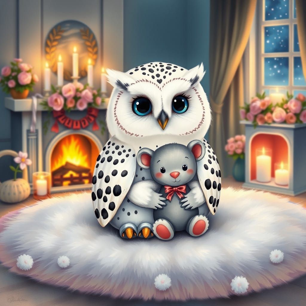 Whimsical Baby Owl Enjoys Cozy Moment in Ethereal Fantasy