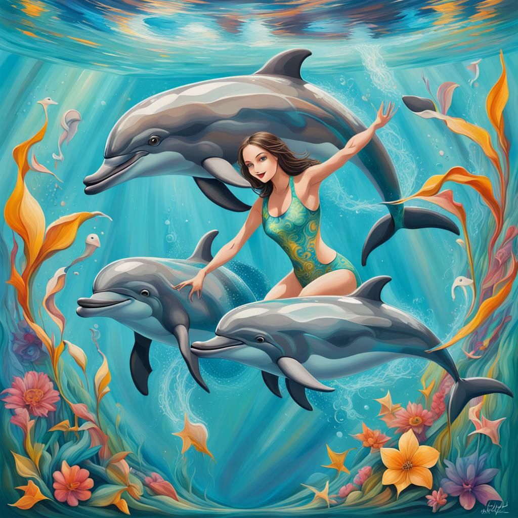 Graceful Dolphin Family with Humanoid Woman