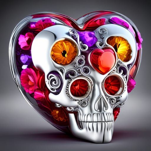 Crystal Heart Skull Figurine in Art Nouveau Style