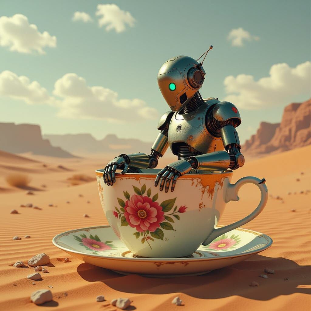 Robot on Teacup in Desert Dust Storm