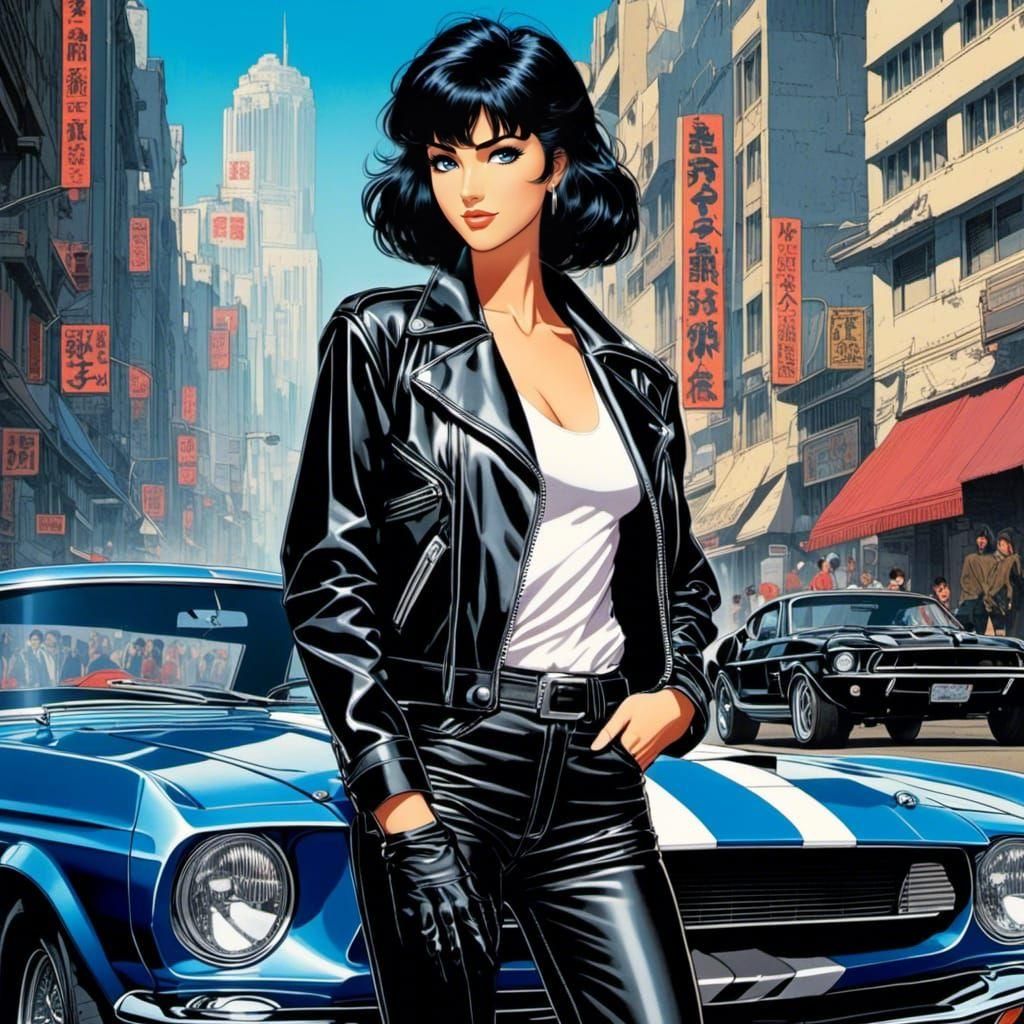 Confident Bounty Hunter and Shelby GT500 in 80s Anime Style