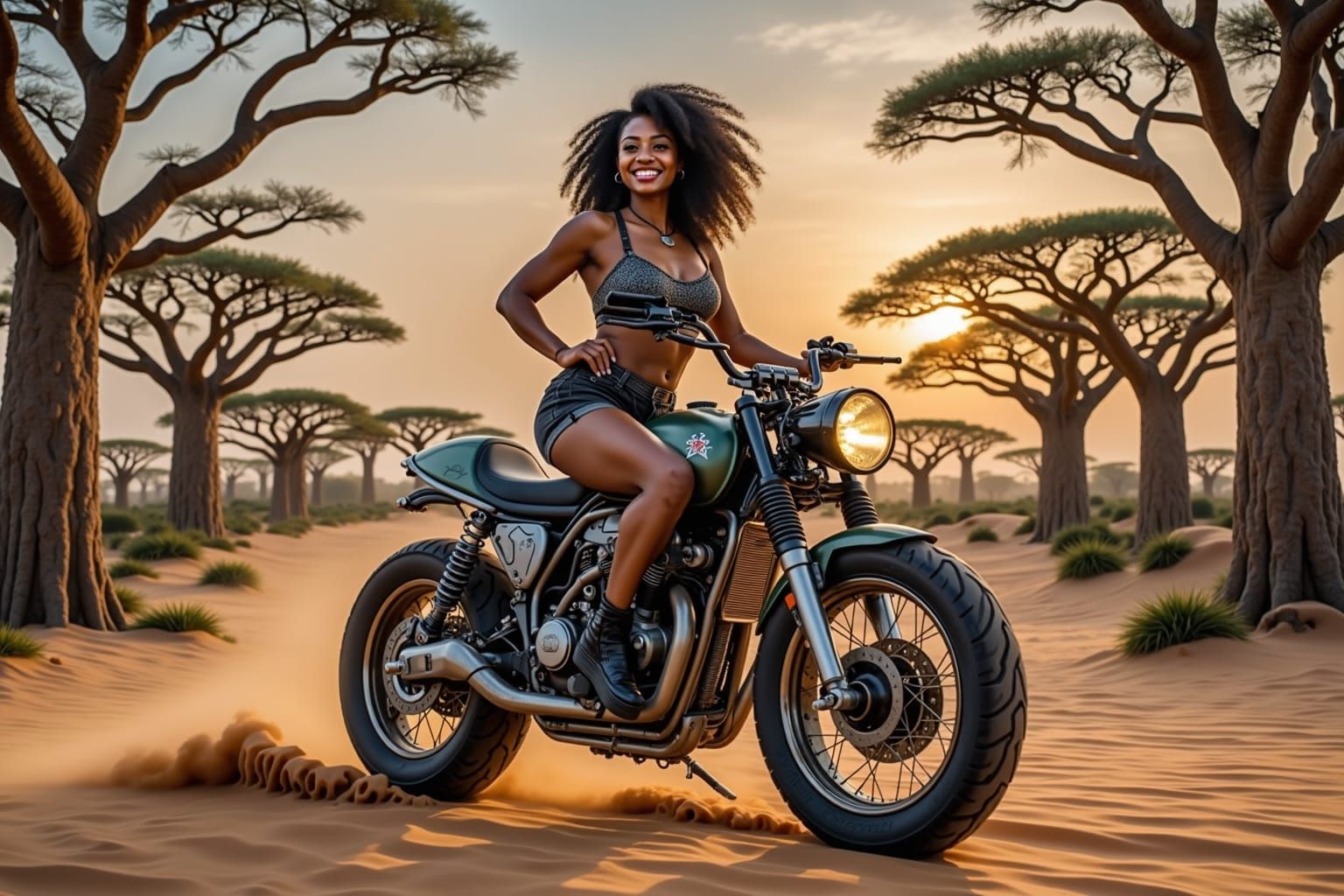 Steampunk Motorcycle Ride at Sunrise in Africa