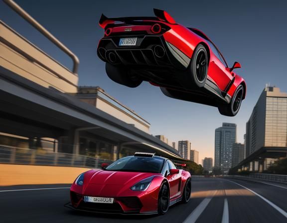 Runaway Supercar Rolls Over Cartoon Suburb at Sunset