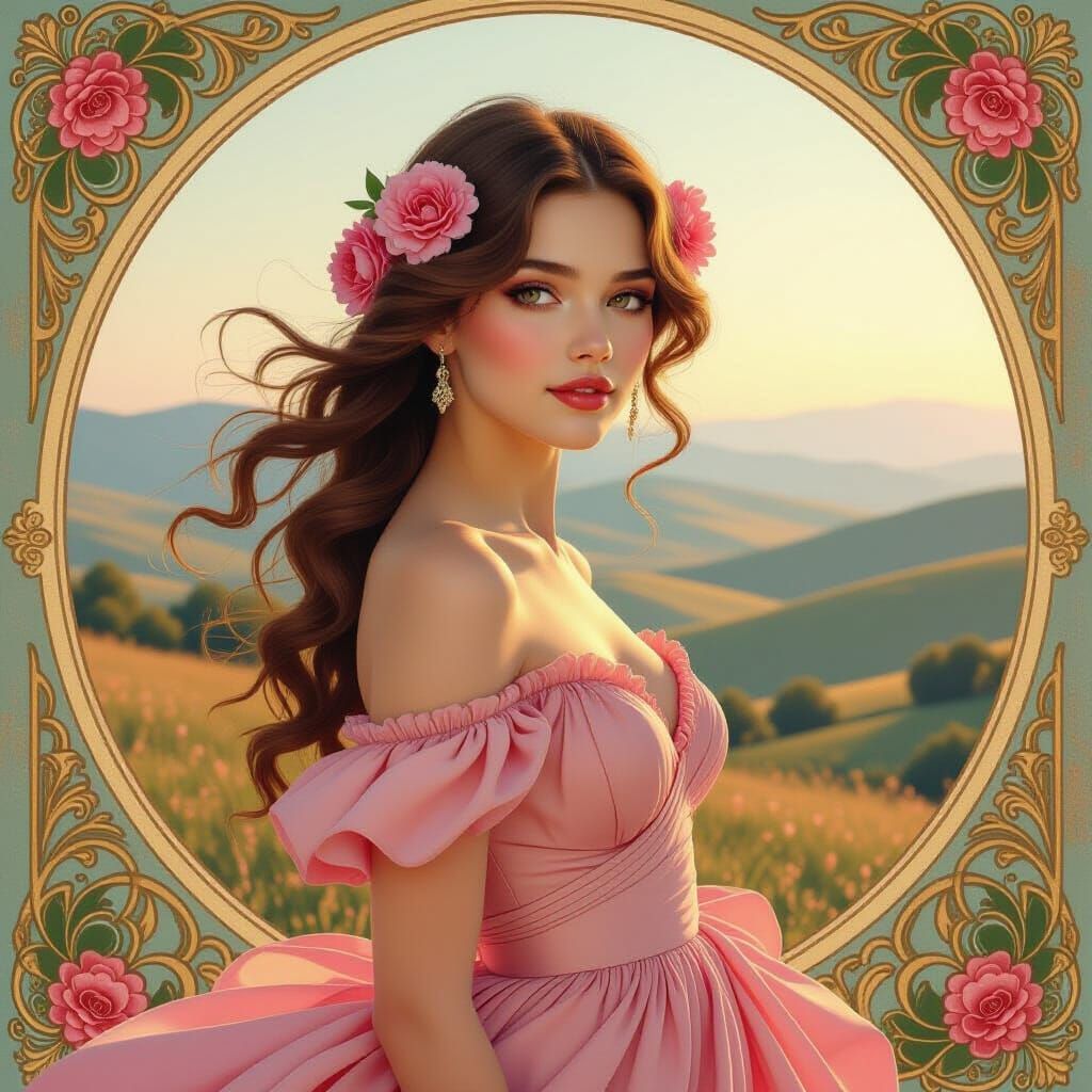 Whimsical Art Nouveau Portrait with Double Exposure