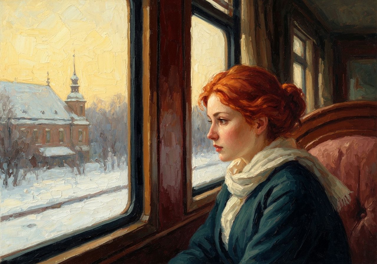Redhead Woman's Melancholy Train Journey in Golden Hour Oil ...